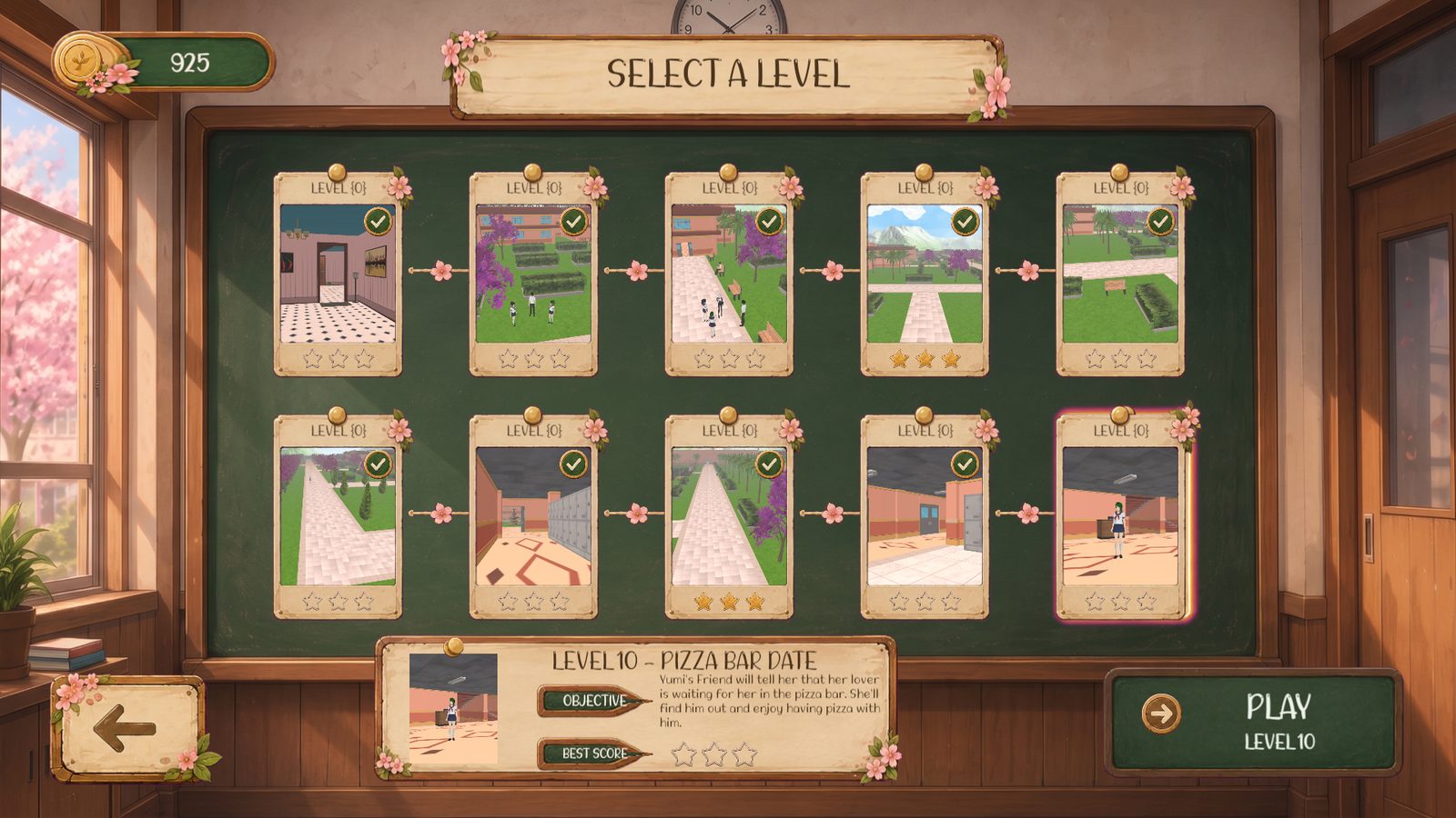Level select chalkboard showing ten levels