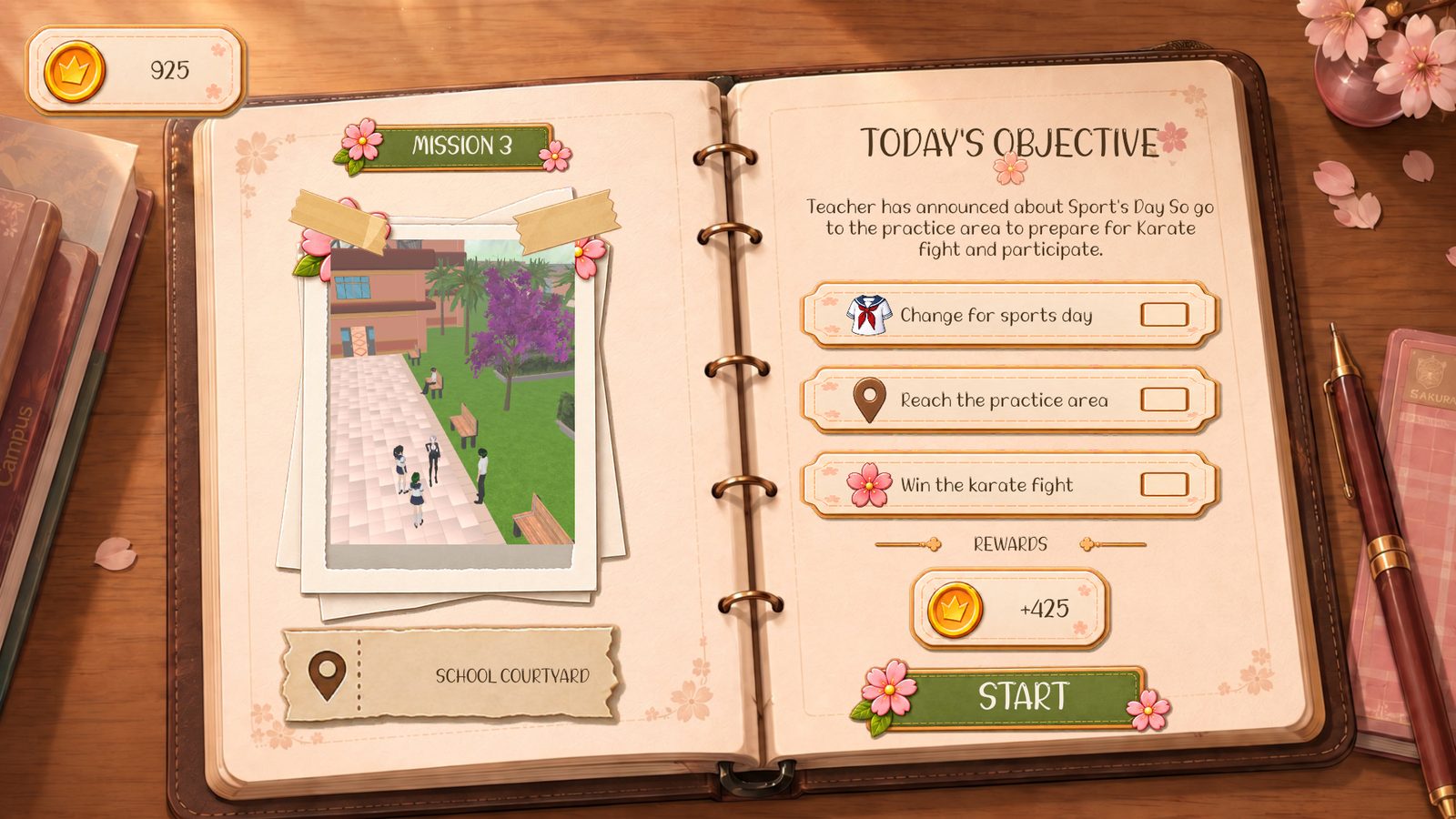 Mission book showing today's objective and rewards