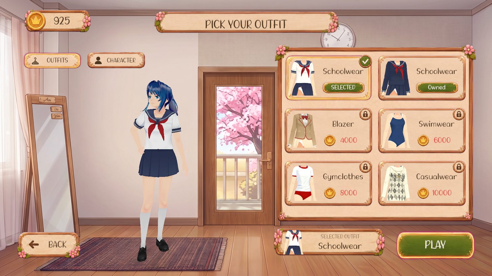 Choosing an outfit in front of the bedroom mirror