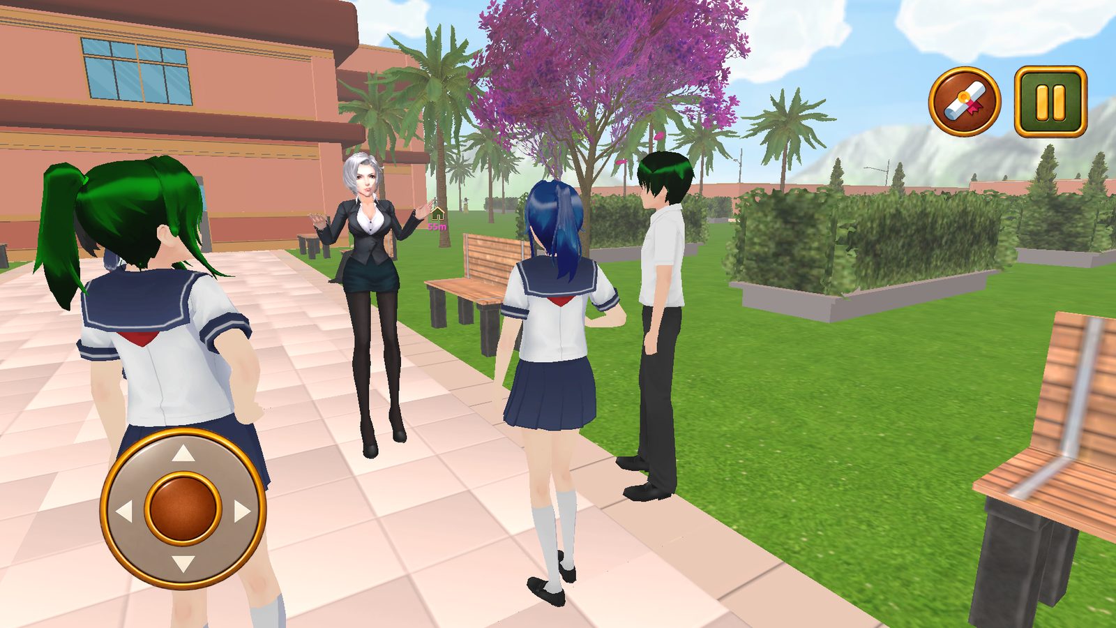 Chatting with classmates and a teacher in the courtyard